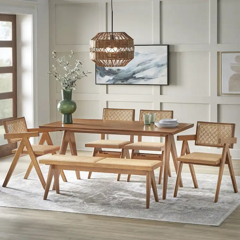 Banc de salle à manger Lifestorey Veletina en bois massif et rotin