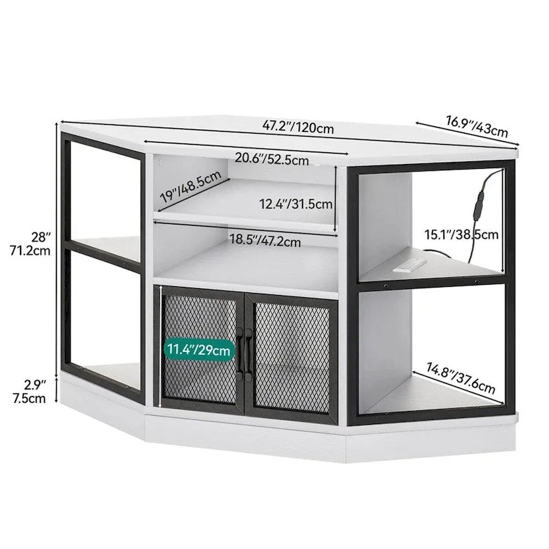 Meuble TV d'angle avec rangements et éclairage LED - 119 cm de largeur
