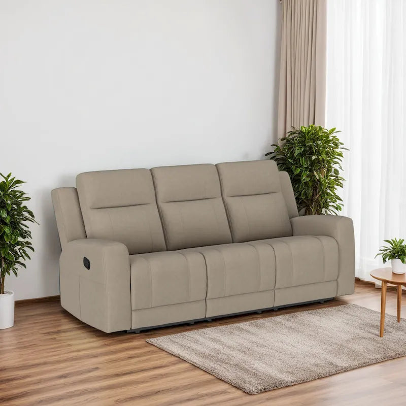 Krio Manual Recliner Sofa, 80 Inch Modern Taupe Brown Faux Leather