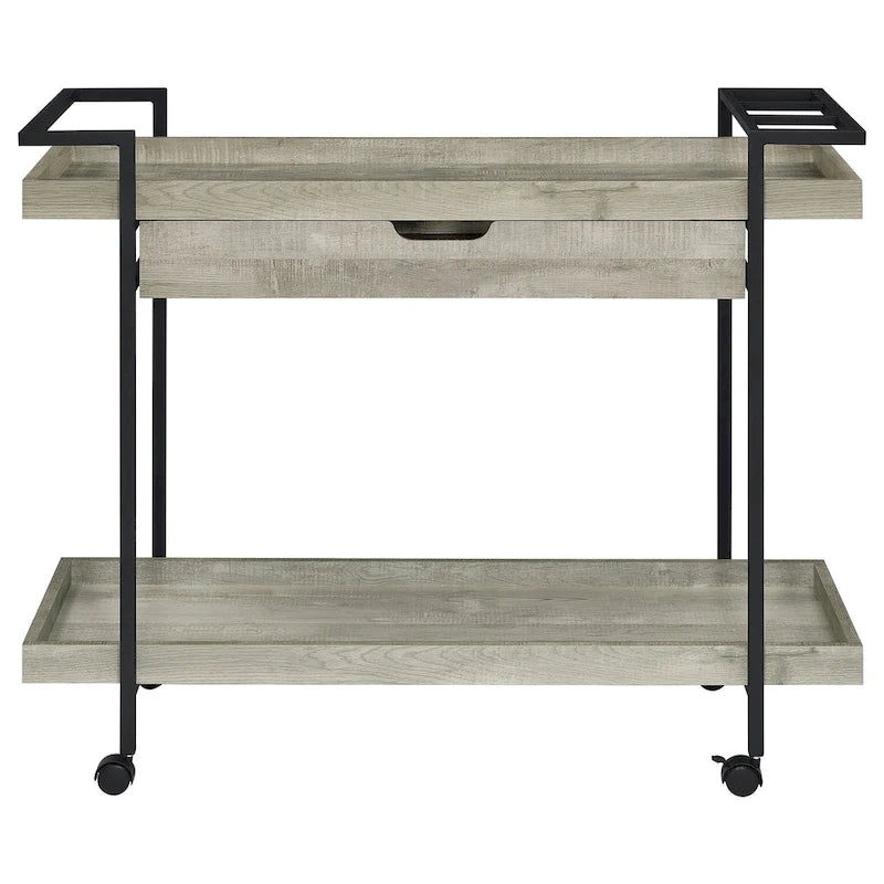 Chariot de bar roulant Tra 40 pouces, 2 niveaux avec tiroir, bois gris, métal noir