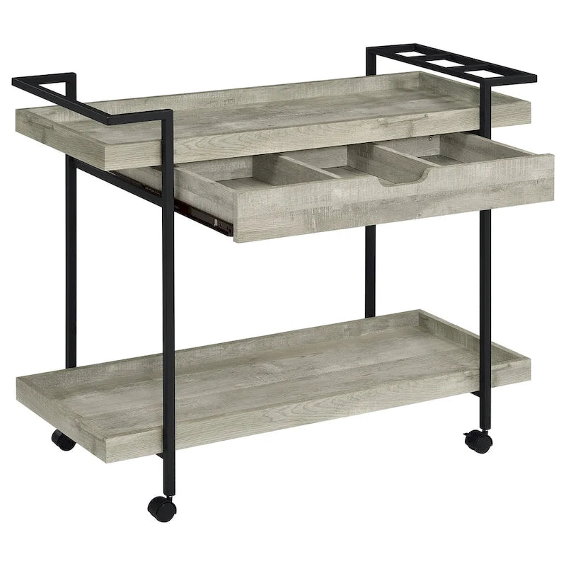 Chariot de bar roulant Tra 40 pouces, 2 niveaux avec tiroir, bois gris, métal noir