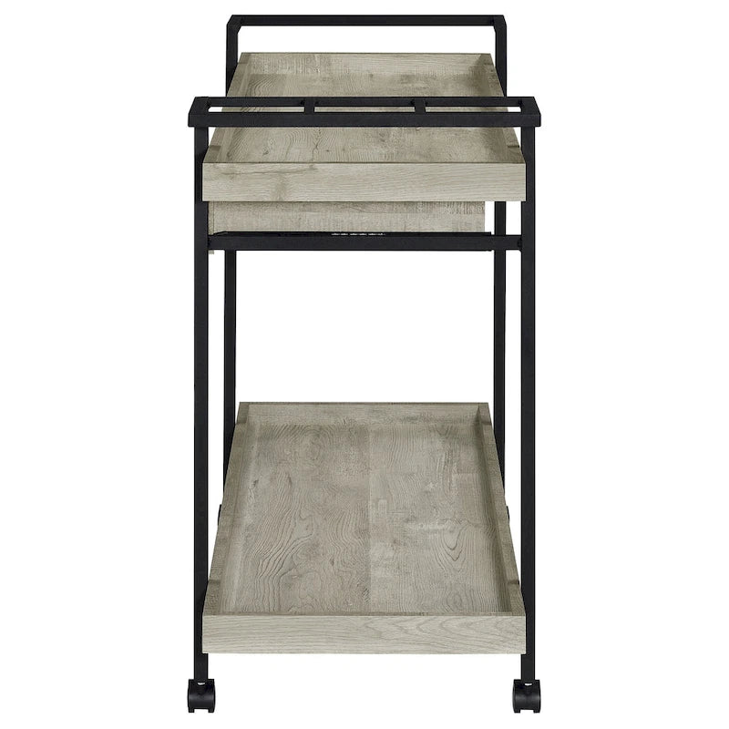 Chariot de bar roulant Tra 40 pouces, 2 niveaux avec tiroir, bois gris, métal noir