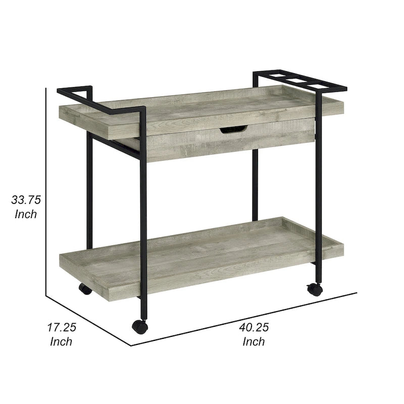 Chariot de bar roulant Tra 40 pouces, 2 niveaux avec tiroir, bois gris, métal noir