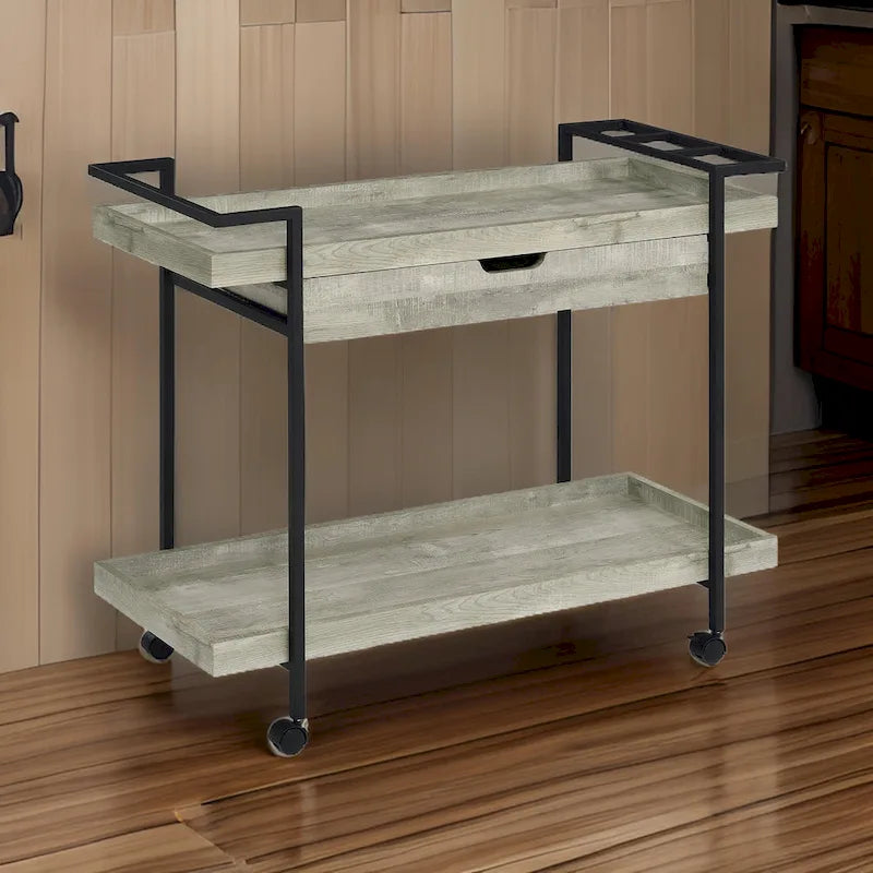 Chariot de bar roulant Tra 40 pouces, 2 niveaux avec tiroir, bois gris, métal noir