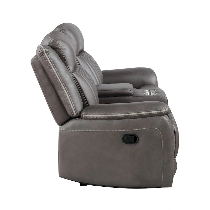 Canapé deux places inclinable manuel Viann, console porte-gobelets, gris 76 pouces