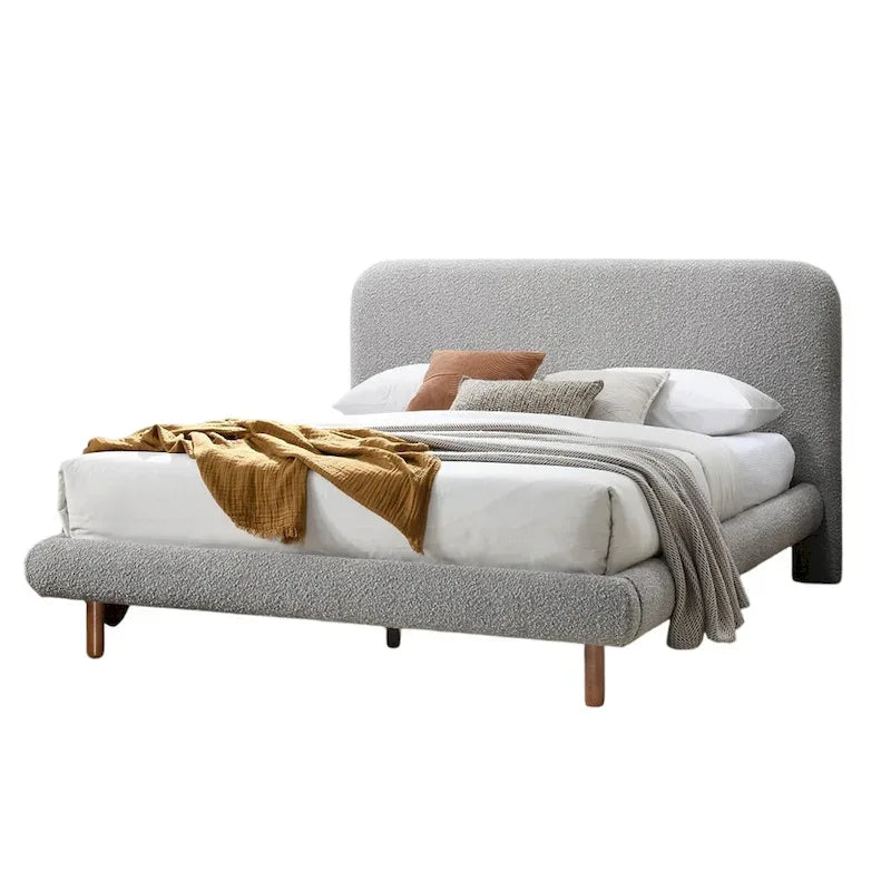 Lit Damazy King Size, bords arrondis, revêtement en bouclette grise, bois brun