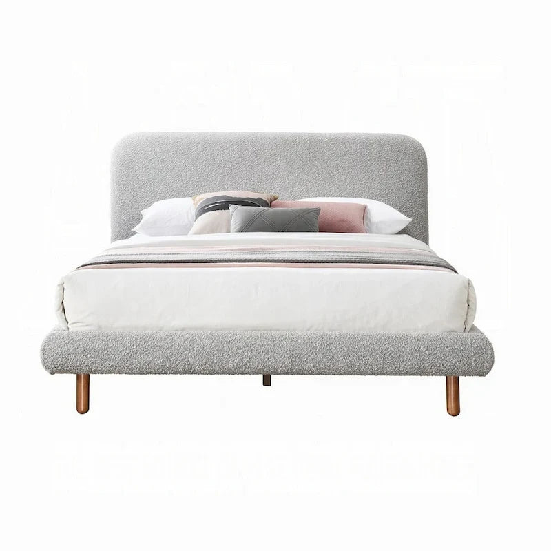 Lit Damazy King Size, bords arrondis, revêtement en bouclette grise, bois brun