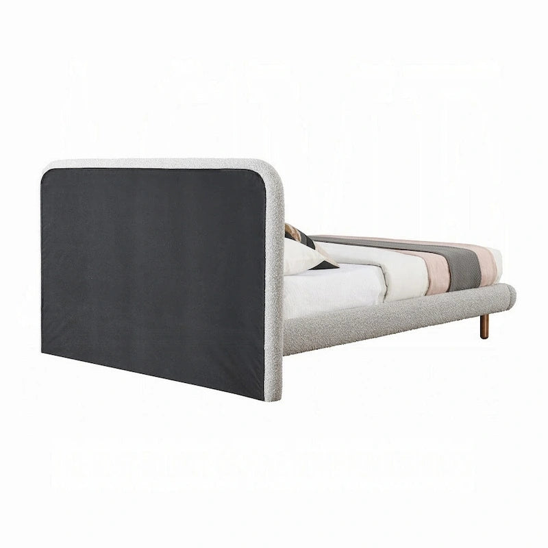Lit Damazy King Size, bords arrondis, revêtement en bouclette grise, bois brun