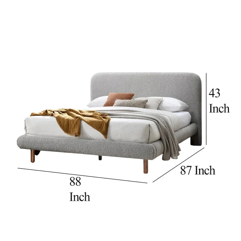 Lit Damazy King Size, bords arrondis, revêtement en bouclette grise, bois brun