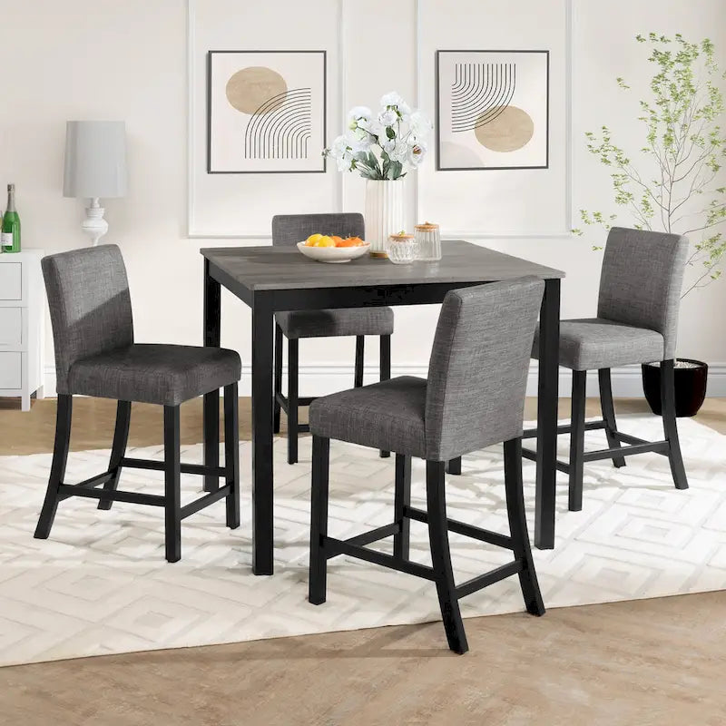 Ensemble table et chaises de cuisine 5 pièces, comprenant une table carrée et 4 chaises rembourrées en bois.