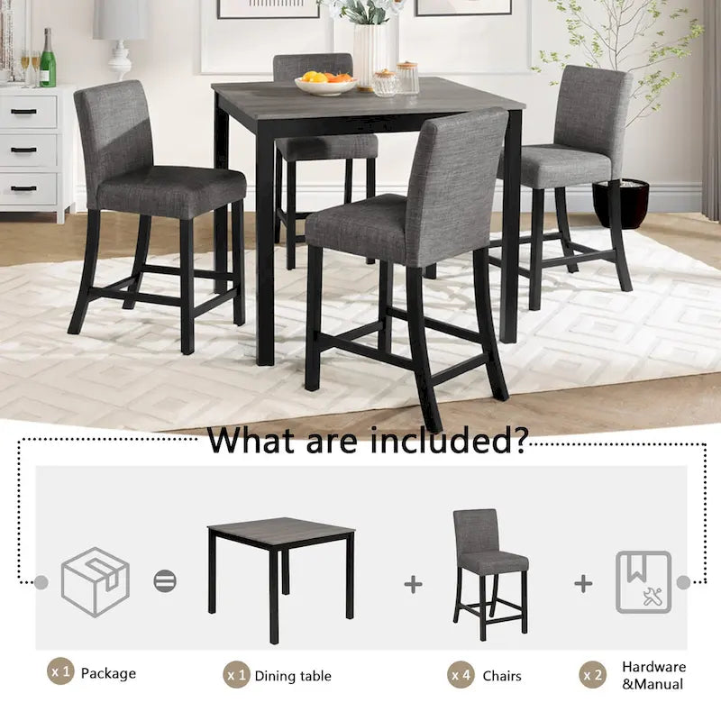Ensemble table et chaises de cuisine 5 pièces, comprenant une table carrée et 4 chaises rembourrées en bois.