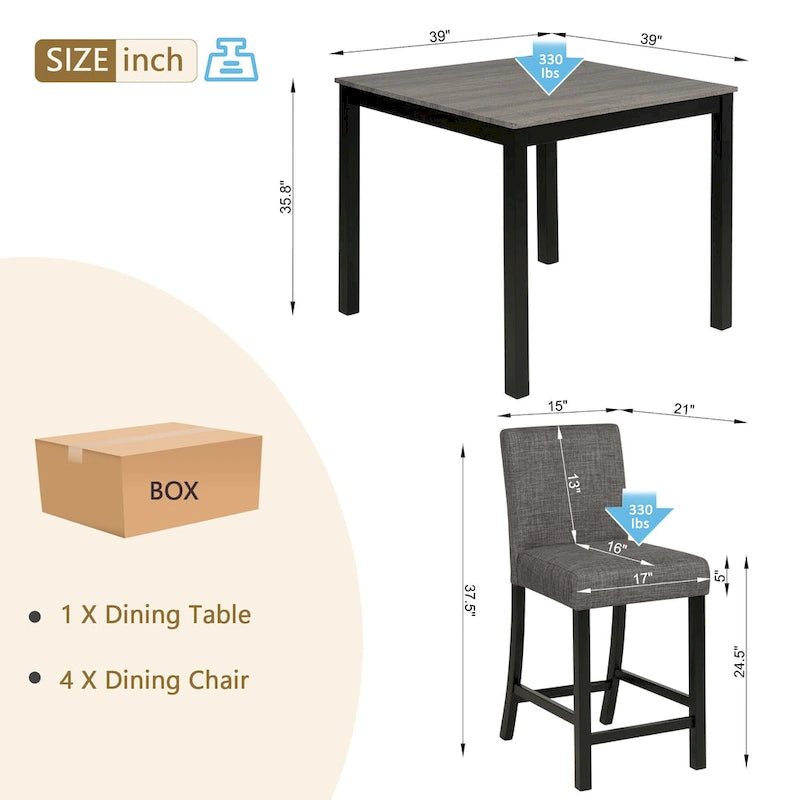 Ensemble table et chaises de cuisine 5 pièces, comprenant une table carrée et 4 chaises rembourrées en bois.