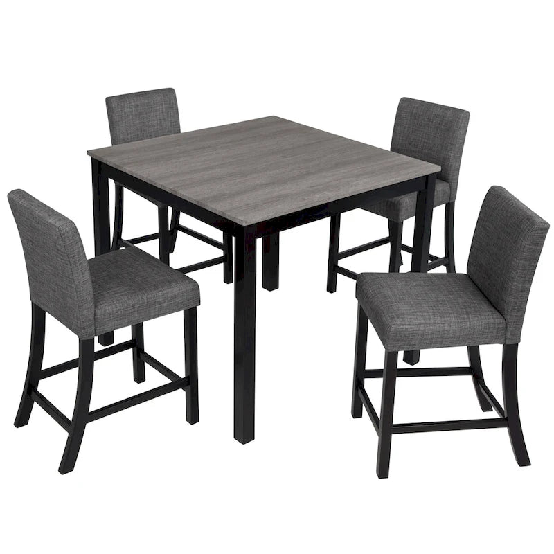 Ensemble table et chaises de cuisine 5 pièces, comprenant une table carrée et 4 chaises rembourrées en bois.