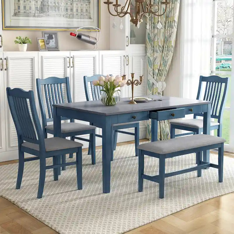 Ensemble de salle à manger pour 6 personnes, comprenant une table en bois 6 pièces avec tiroir de rangement, 4 chaises rembourrées et un banc.