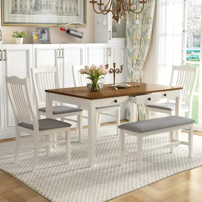 Ensemble de salle à manger pour 6 personnes, comprenant une table en bois 6 pièces avec tiroir de rangement, 4 chaises rembourrées et un banc.