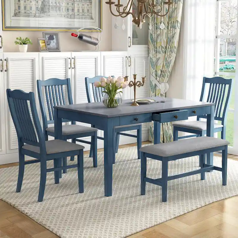 6 People Dining Table Set, 6 Piece Wood Dining Table Set with Storage Drawer, 4 Upholstered Dining Chair and Bench