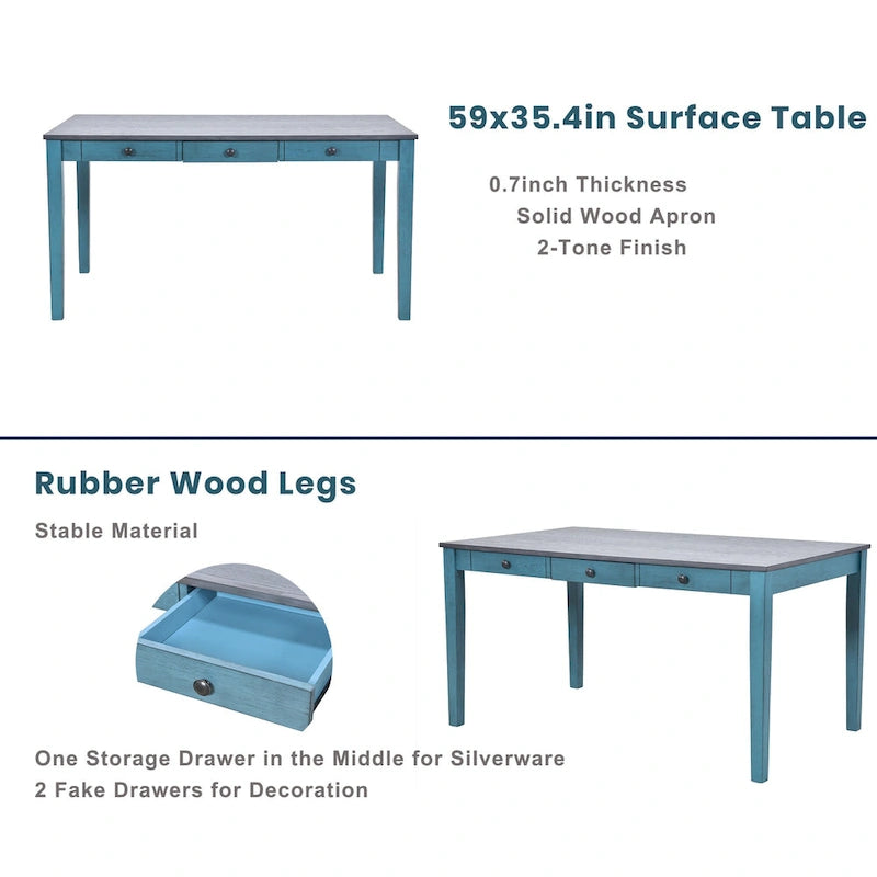 Ensemble de salle à manger pour 6 personnes, comprenant une table en bois 6 pièces avec tiroir de rangement, 4 chaises rembourrées et un banc.