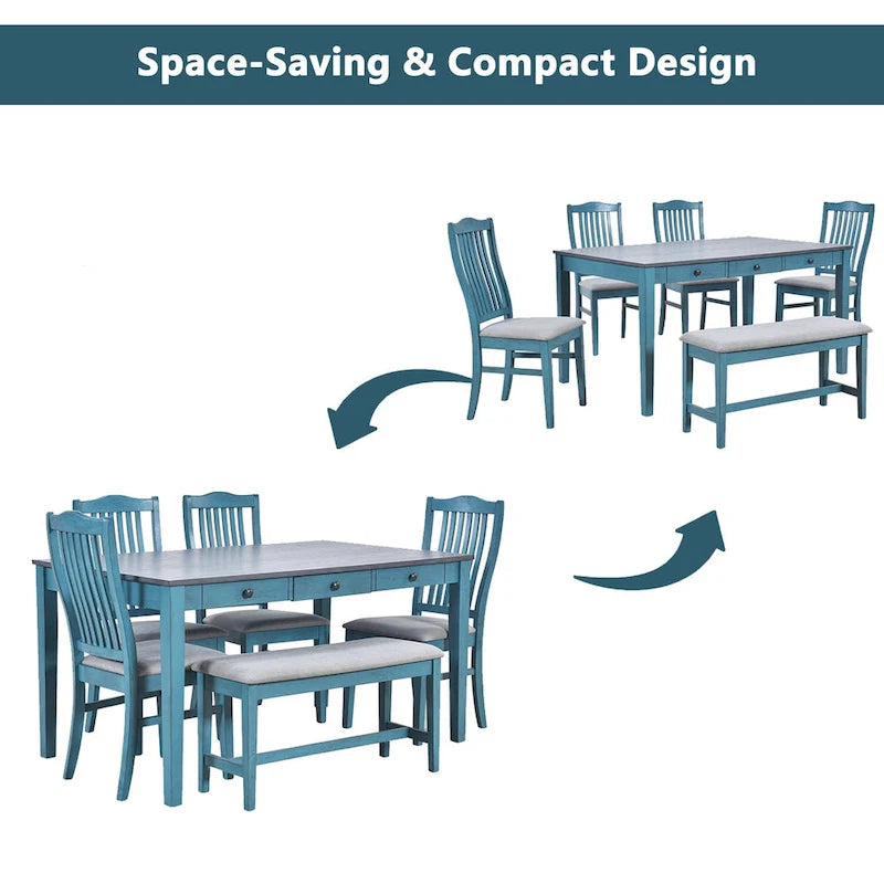 Ensemble de salle à manger pour 6 personnes, comprenant une table en bois 6 pièces avec tiroir de rangement, 4 chaises rembourrées et un banc.