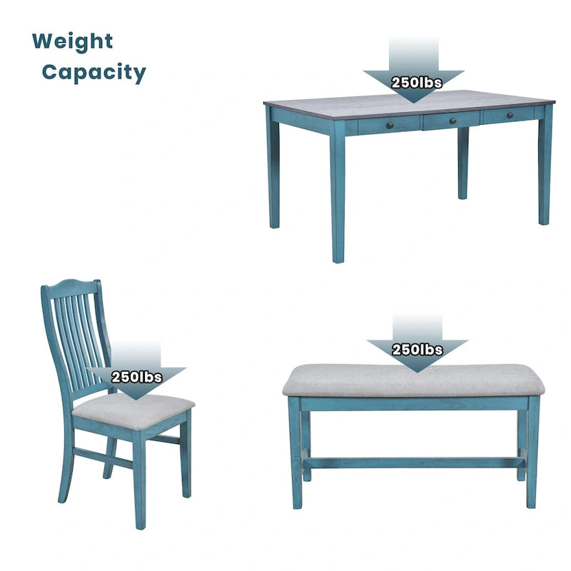 Ensemble de salle à manger pour 6 personnes, comprenant une table en bois 6 pièces avec tiroir de rangement, 4 chaises rembourrées et un banc.