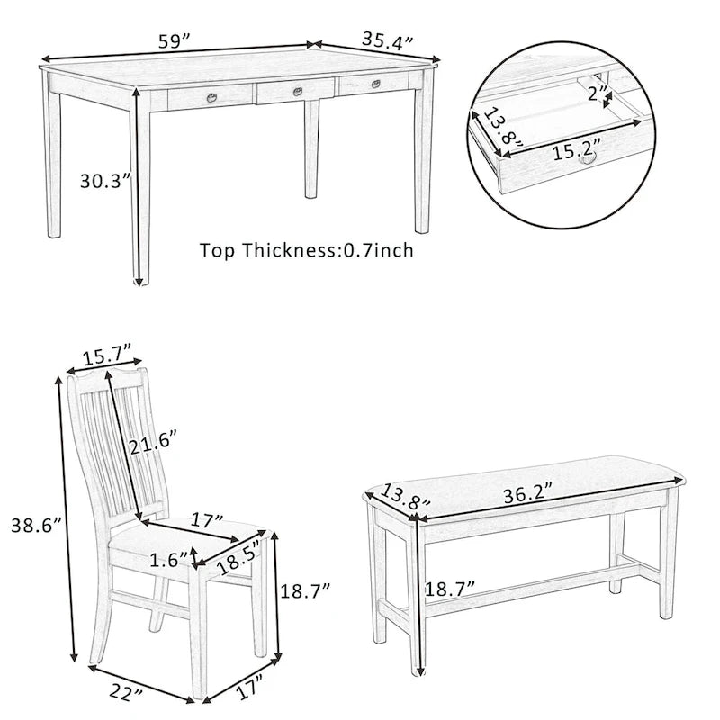 Ensemble de salle à manger pour 6 personnes, comprenant une table en bois 6 pièces avec tiroir de rangement, 4 chaises rembourrées et un banc.