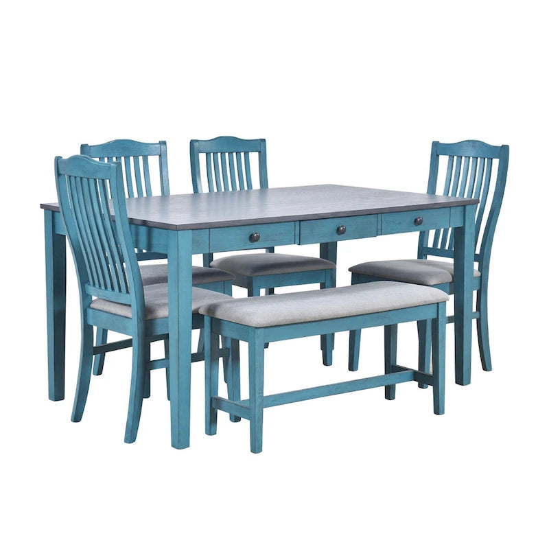 Ensemble de salle à manger pour 6 personnes, comprenant une table en bois 6 pièces avec tiroir de rangement, 4 chaises rembourrées et un banc.