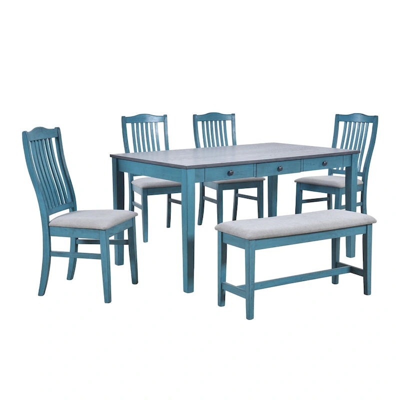 Ensemble de salle à manger pour 6 personnes, comprenant une table en bois 6 pièces avec tiroir de rangement, 4 chaises rembourrées et un banc.