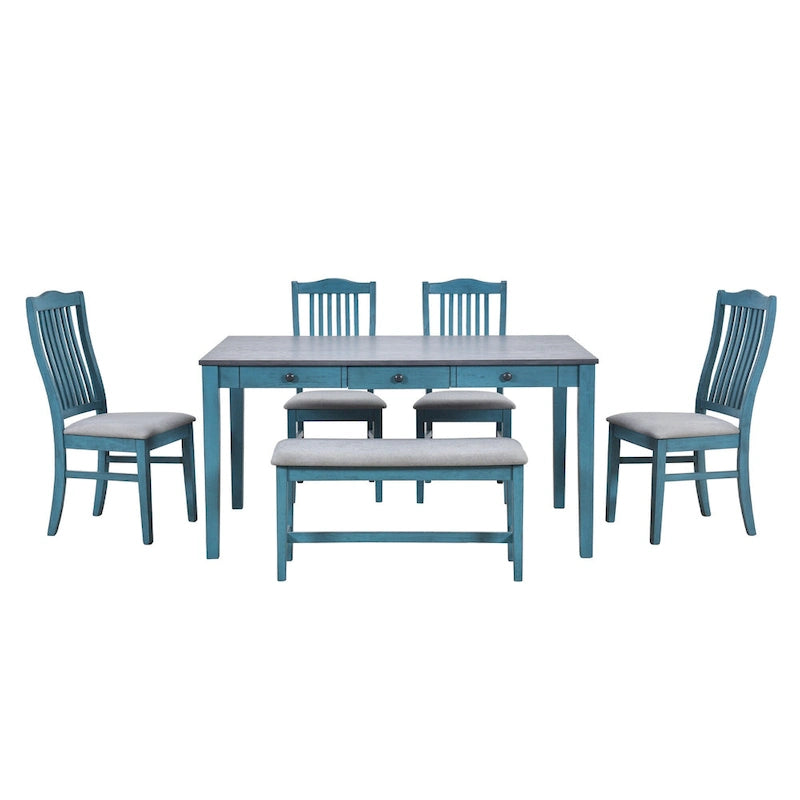 Ensemble de salle à manger pour 6 personnes, comprenant une table en bois 6 pièces avec tiroir de rangement, 4 chaises rembourrées et un banc.
