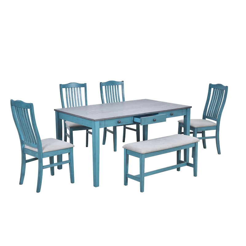 Ensemble de salle à manger pour 6 personnes, comprenant une table en bois 6 pièces avec tiroir de rangement, 4 chaises rembourrées et un banc.