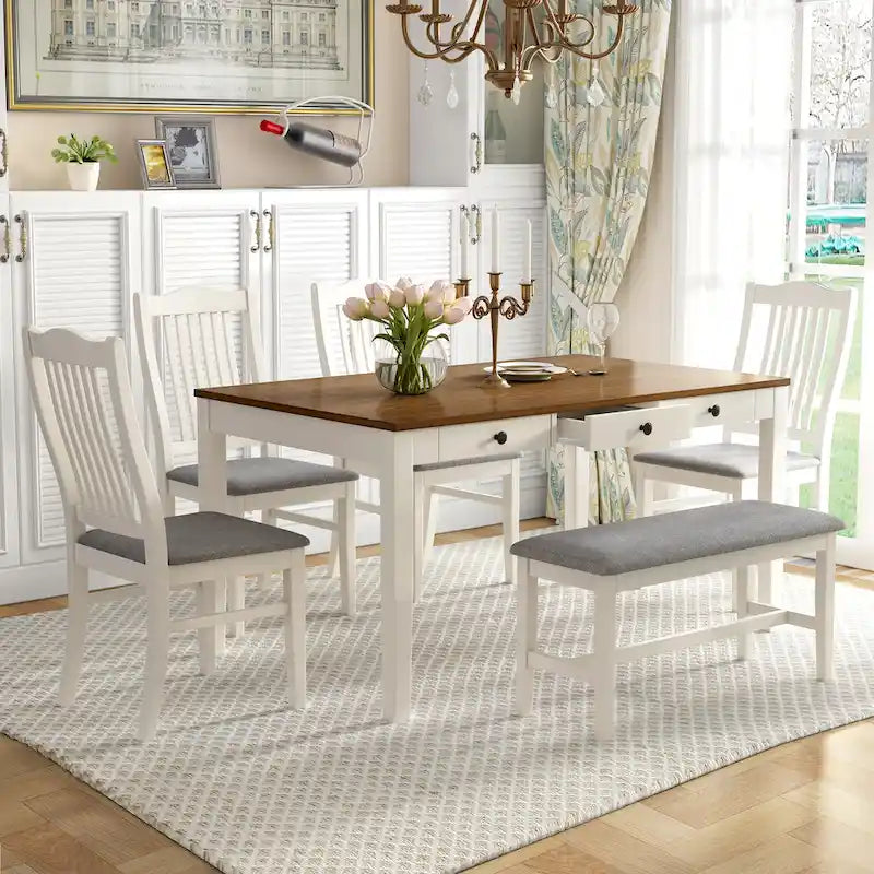 Ensemble de salle à manger pour 6 personnes, comprenant une table en bois 6 pièces avec tiroir de rangement, 4 chaises rembourrées et un banc.