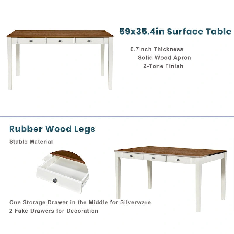 Ensemble de salle à manger pour 6 personnes, comprenant une table en bois 6 pièces avec tiroir de rangement, 4 chaises rembourrées et un banc.