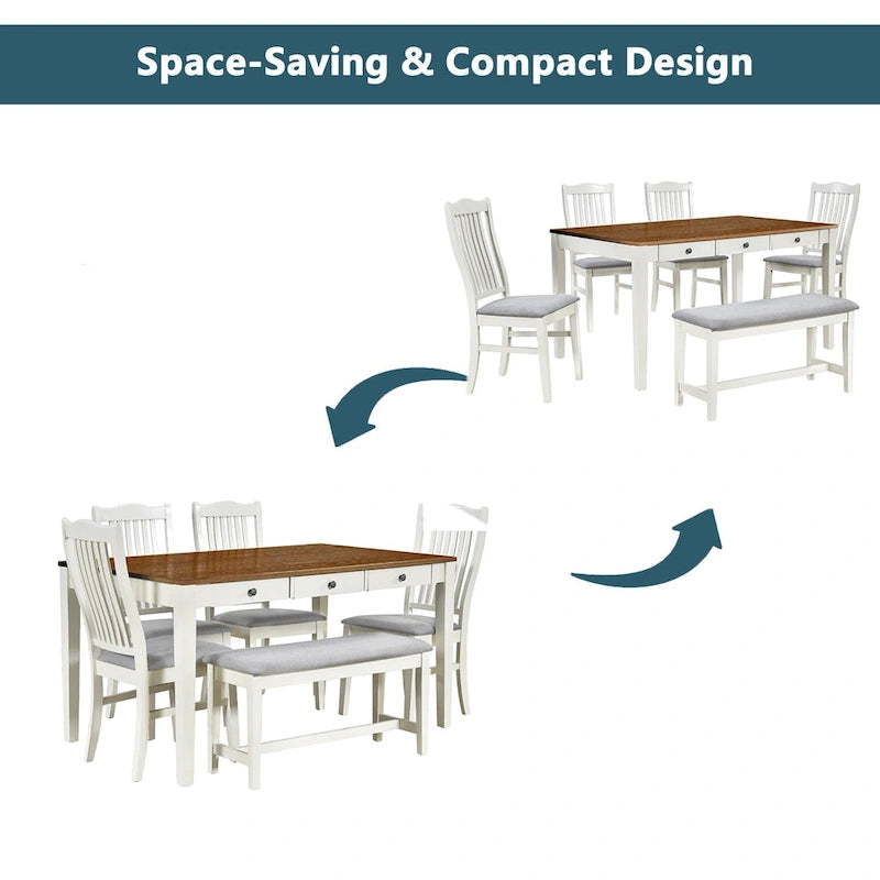 Ensemble de salle à manger pour 6 personnes, comprenant une table en bois 6 pièces avec tiroir de rangement, 4 chaises rembourrées et un banc.