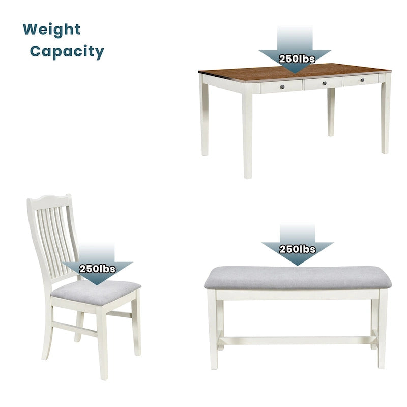 Ensemble de salle à manger pour 6 personnes, comprenant une table en bois 6 pièces avec tiroir de rangement, 4 chaises rembourrées et un banc.