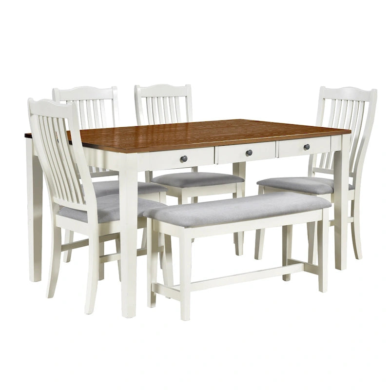 Ensemble de salle à manger pour 6 personnes, comprenant une table en bois 6 pièces avec tiroir de rangement, 4 chaises rembourrées et un banc.