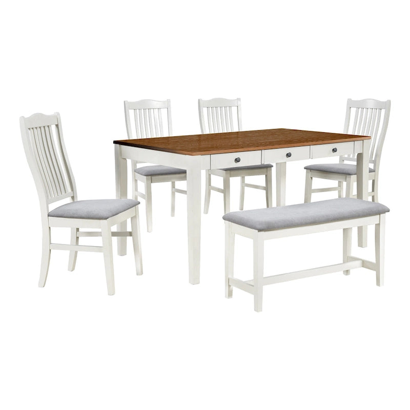 Ensemble de salle à manger pour 6 personnes, comprenant une table en bois 6 pièces avec tiroir de rangement, 4 chaises rembourrées et un banc.