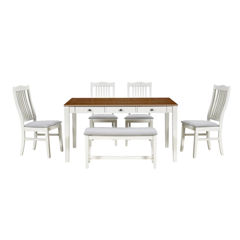 Ensemble de salle à manger pour 6 personnes, comprenant une table en bois 6 pièces avec tiroir de rangement, 4 chaises rembourrées et un banc.