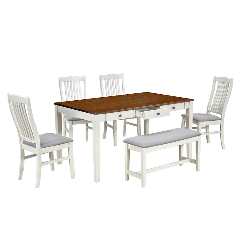 Ensemble de salle à manger pour 6 personnes, comprenant une table en bois 6 pièces avec tiroir de rangement, 4 chaises rembourrées et un banc.