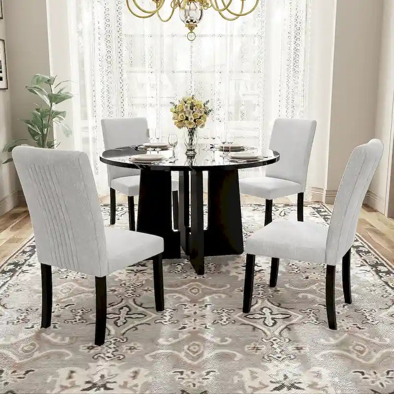 5 Pcs Round Dining Table Set, Solid Wood Kitchen Table Furniture Set with Dining Table and 4 Upholstered Chairs