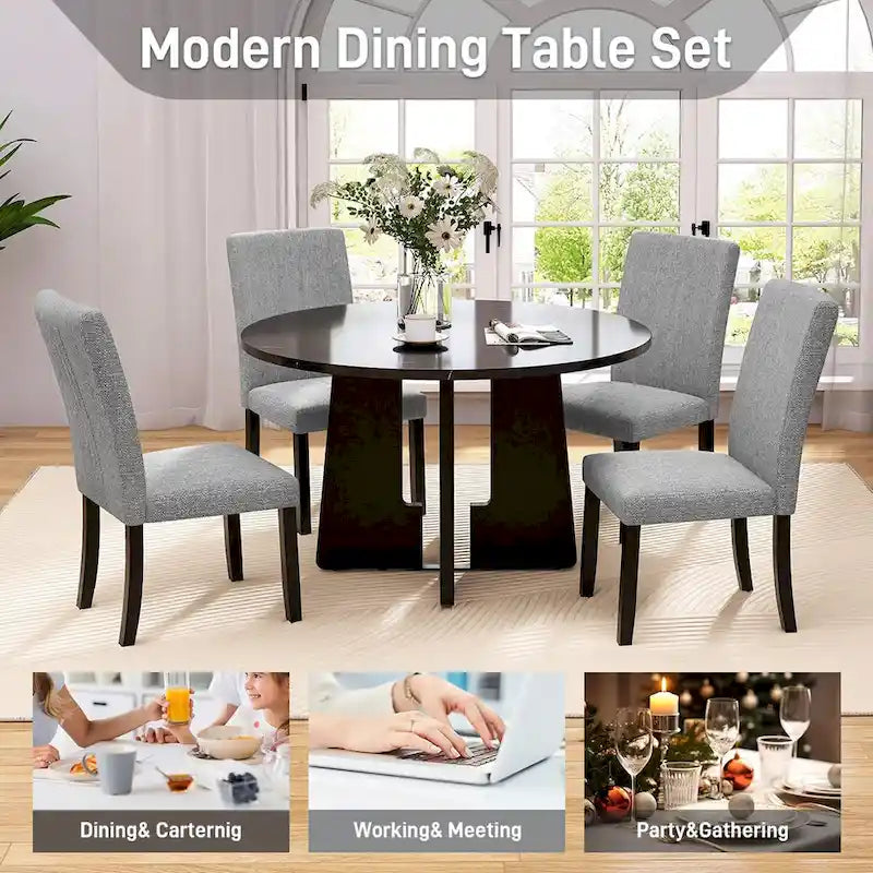 Ensemble de table à manger ronde 5 pièces, ensemble de meubles de cuisine en bois massif comprenant une table et 4 chaises rembourrées