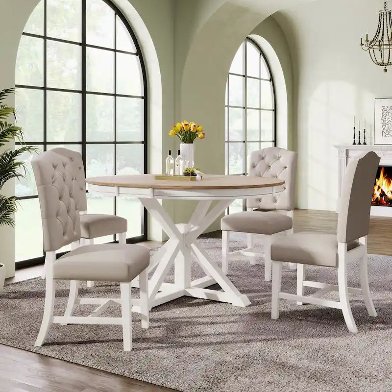 5 Pcs Wooden Round Dining Table Set, Kitchen Dining Table Chair Set with Extendable Table and 4 Upholstered Chairs
