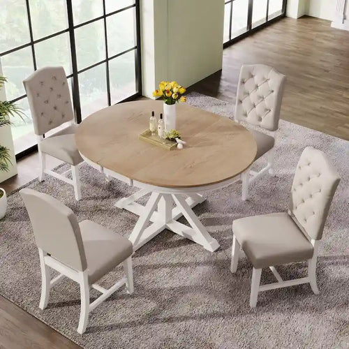 Ensemble de salle à manger ronde en bois 5 pièces, comprenant une table extensible et 4 chaises rembourrées.