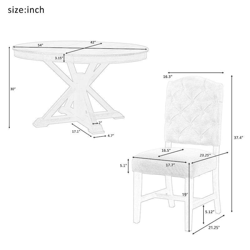 Ensemble de salle à manger ronde en bois 5 pièces, comprenant une table extensible et 4 chaises rembourrées.