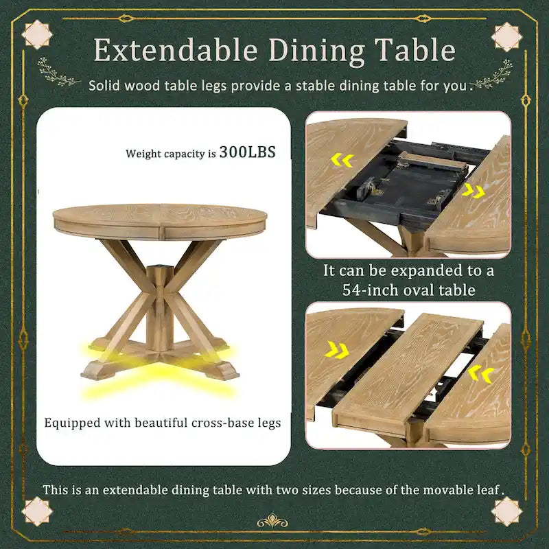 Ensemble de salle à manger ronde en bois 5 pièces, comprenant une table extensible et 4 chaises rembourrées.