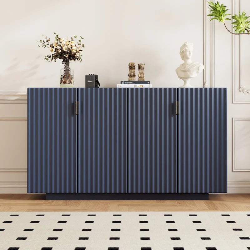 Buffet à 4 portes cannelées, meuble de rangement avec étagères réglables, meuble de rangement en bois