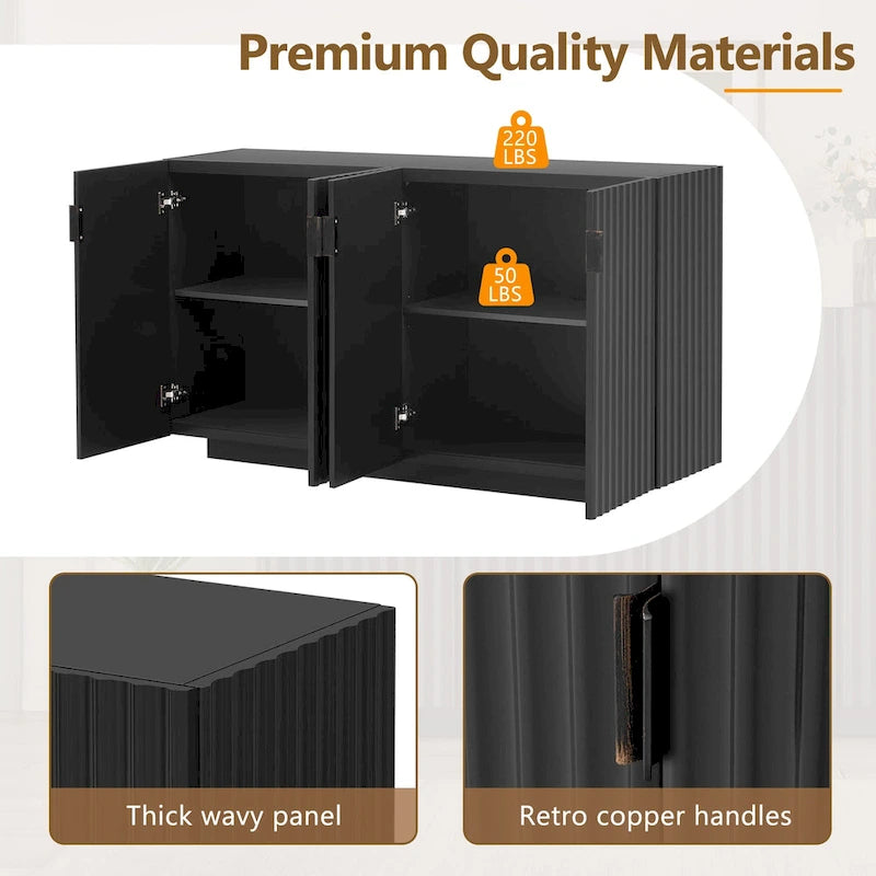 Buffet à 4 portes cannelées, meuble de rangement avec étagères réglables, meuble de rangement en bois