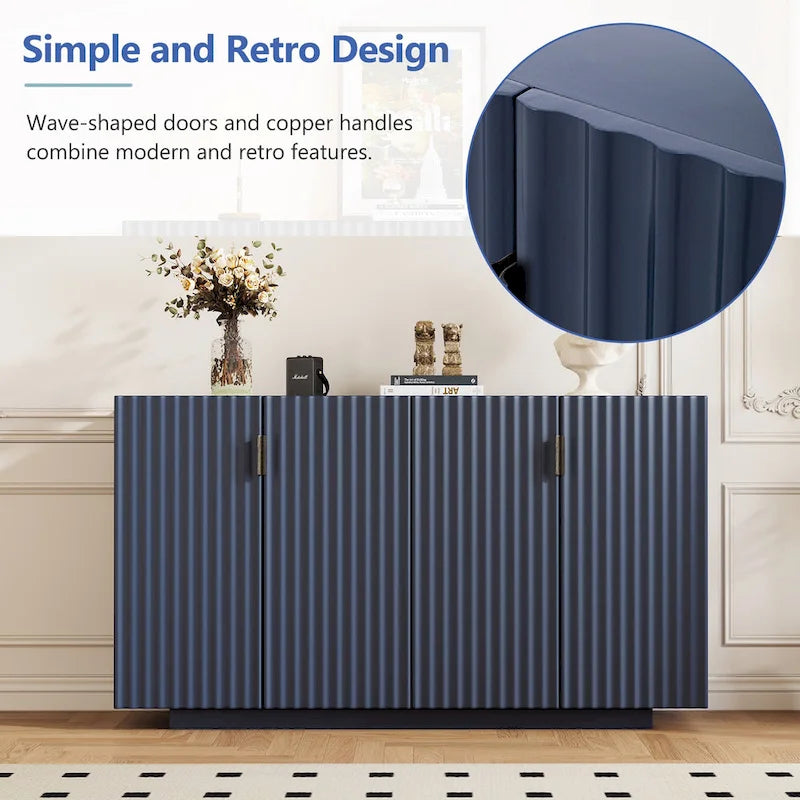 Buffet à 4 portes cannelées, meuble de rangement avec étagères réglables, meuble de rangement en bois