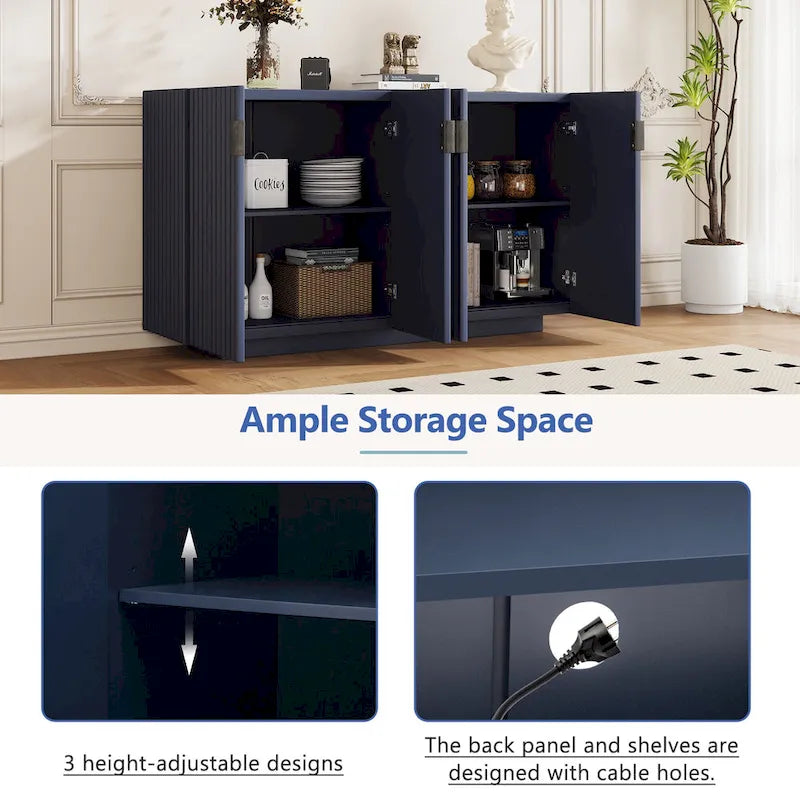 Buffet à 4 portes cannelées, meuble de rangement avec étagères réglables, meuble de rangement en bois