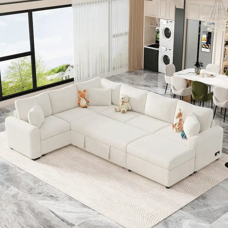 Canapé d'angle convertible Roomfitters avec pouf de rangement, trois oreillers et chargeurs intégrés