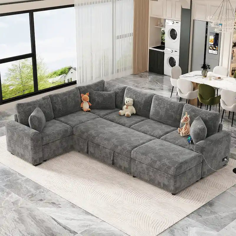 Canapé d'angle convertible Roomfitters avec pouf de rangement, trois oreillers et chargeurs intégrés