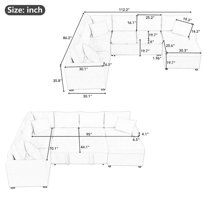 Canapé d'angle convertible Roomfitters avec pouf de rangement, trois oreillers et chargeurs intégrés