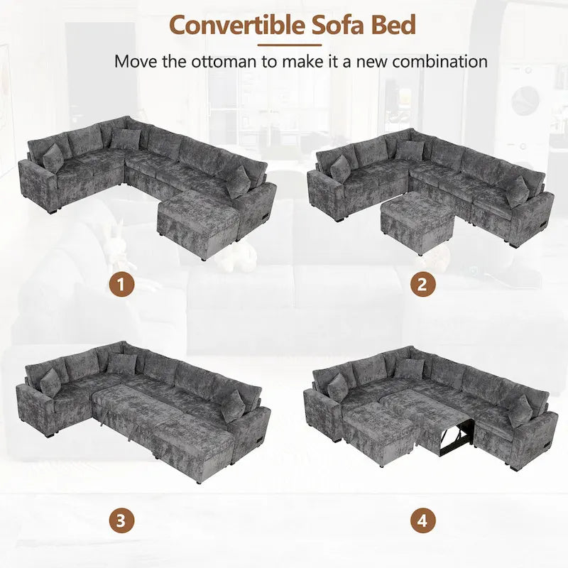 Canapé d'angle convertible Roomfitters avec pouf de rangement, trois oreillers et chargeurs intégrés